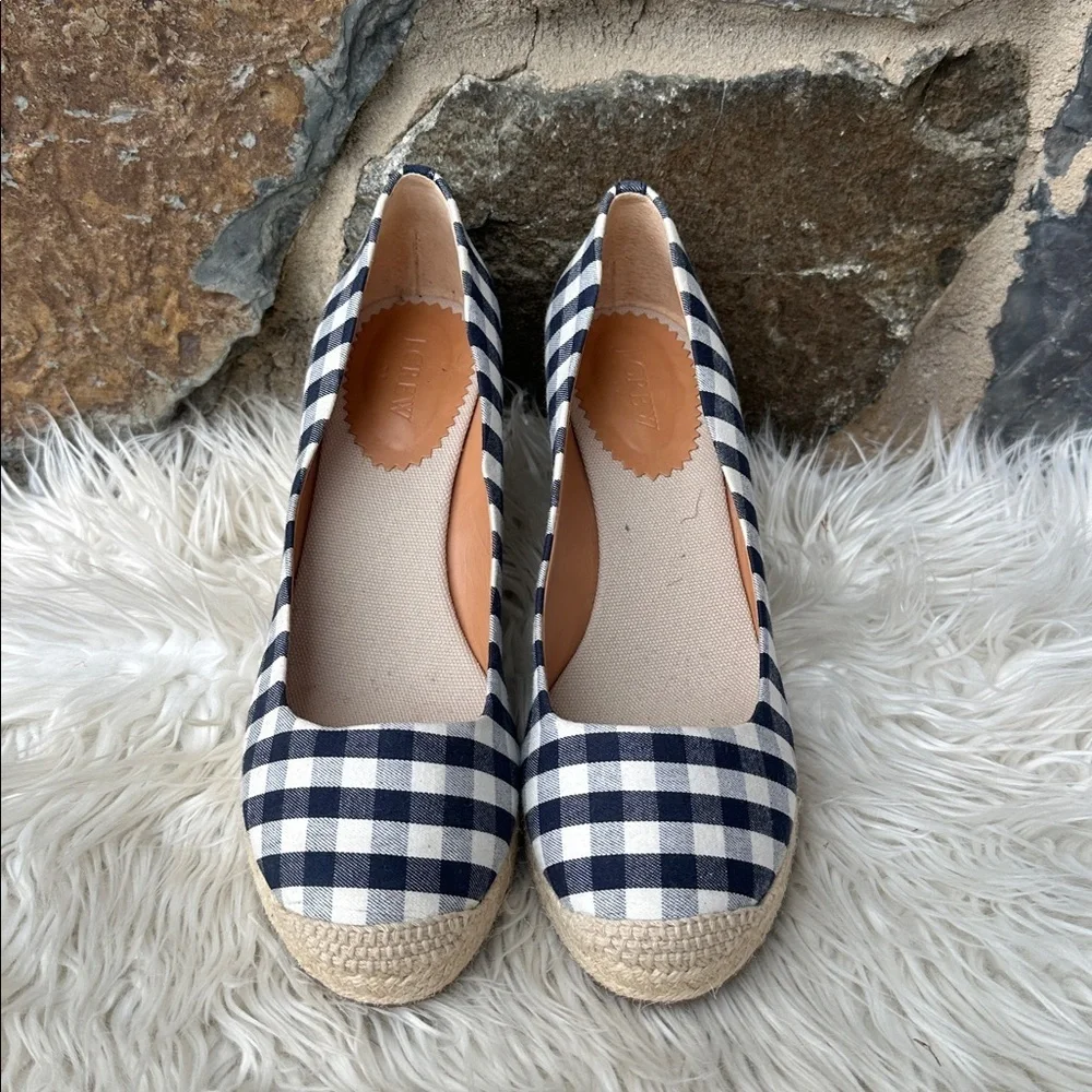 J. Crew Factory Gingham Print Espadrille Wedges in Navy Blue/Ivory Size 10